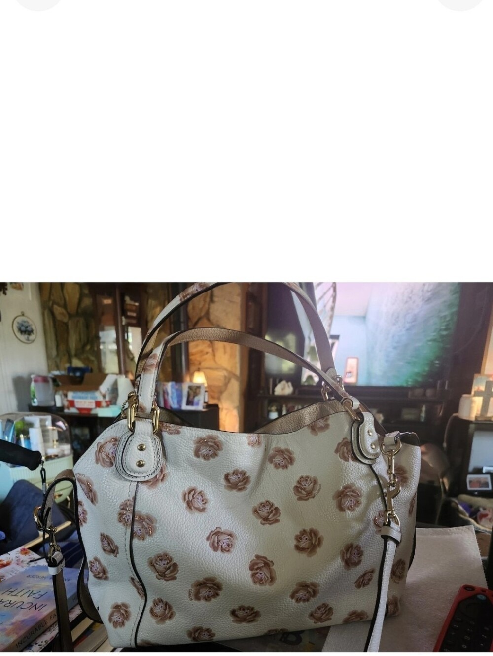 Coach Cream Leather Shoulder Bag with Blush Rose Print